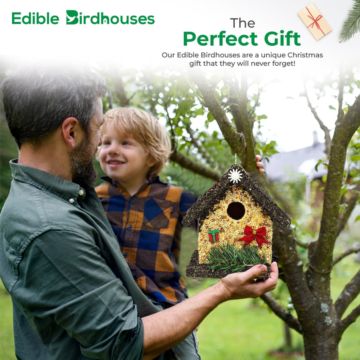 Handmade Edible Birdhouse- Unique Wooden Birdhouse Covered w/Birdseed- Reseedable Bird Feeder-Made in USA- Holiday Design! (SD) EDIBLE BIRDHOUSES