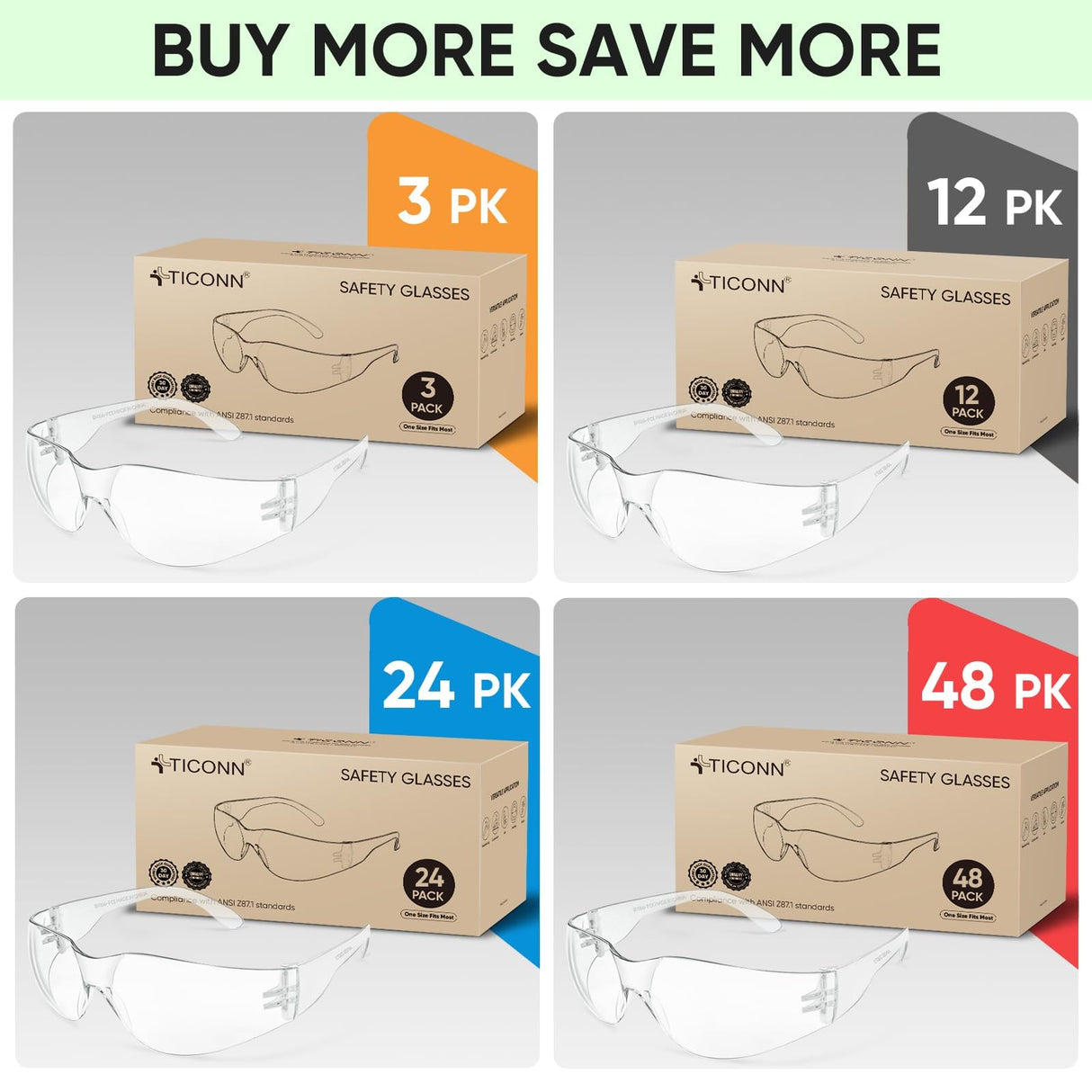 TICONN 12 Clear Safety Glasses for Men, Safety Goggles with Scratch Impact Resistant Meets ANSI Z87.1 Standard (12 Pack) TICONN