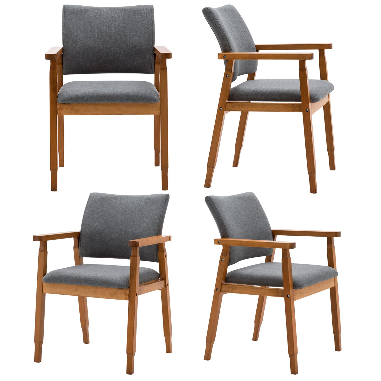 thksbought Set of 4 Mid Century Modern Walnut Dining Chairs Wood Arm Grey Fabric Kitchen Cafe Living Room Decor Furniture thksbought