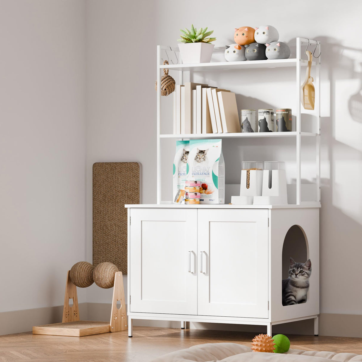 Cozy Castle Litter Box Enclosure, 57'' Cat Litter Box Furniture with Large Cabinet, Shelves and 4 S-Hooks, Hidden Cat House for Most of Litter Boxes, Wooden Pet Washroom Indoor, White Cozy Castle