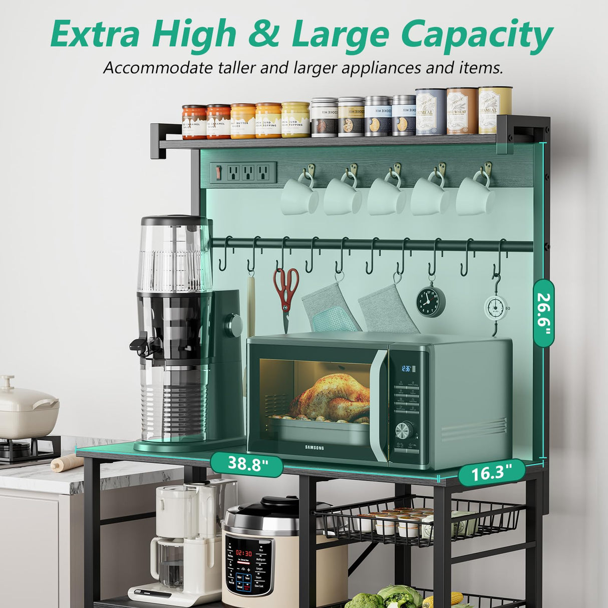 Kalrin 38.8 Inch Grey Oak Bakers Rack with Power Outlets and Hooks Kalrin