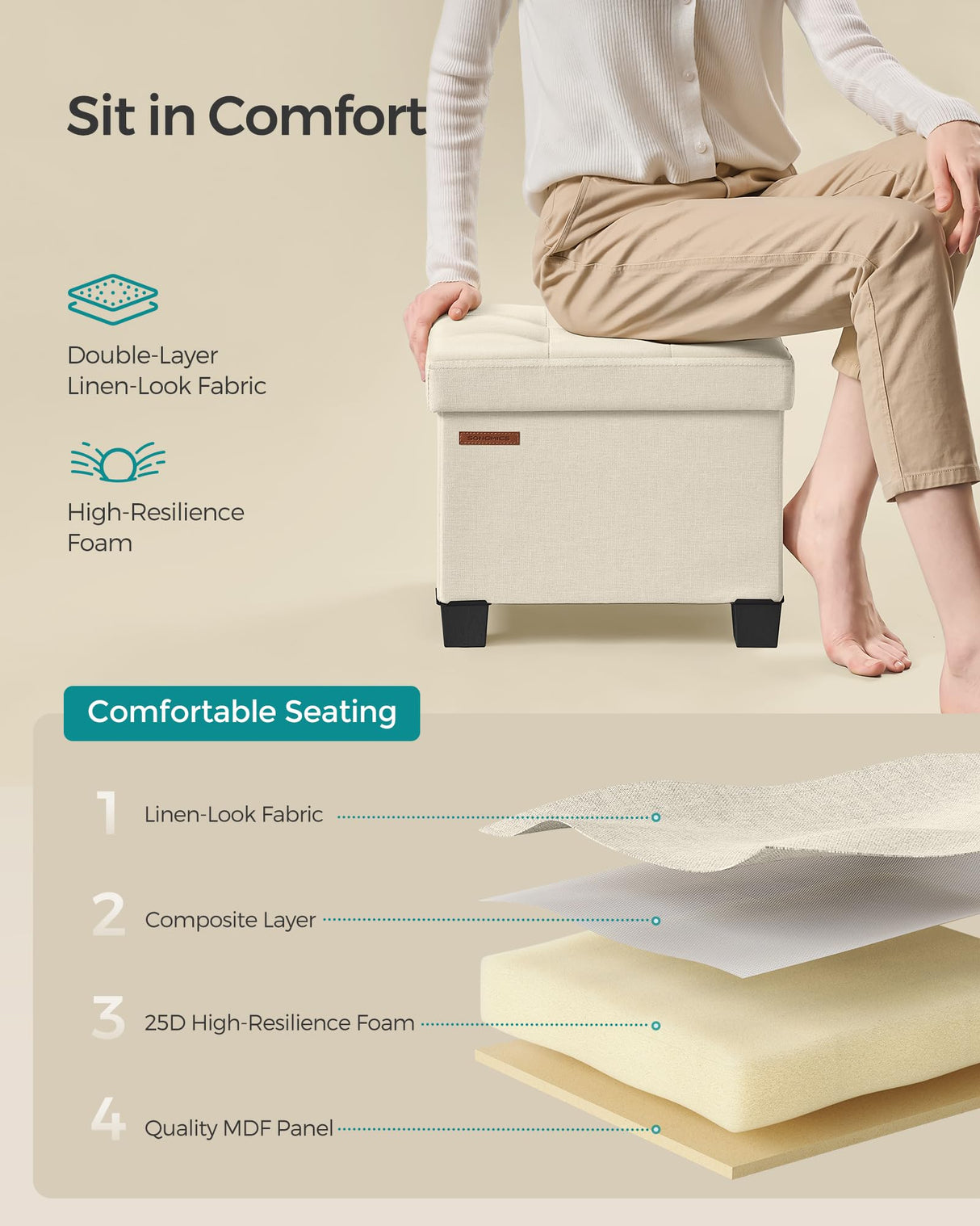 SONGMICS Storage Ottoman, Small Ottoman Foot Rest with Legs, 12.6 x 15.8 x 13.2 Inches Foot Stool, Ottoman with Storage, Load up to 660 lb, for Living Room, Bedroom, Dorm, Cream White ULSF012W01 SONGMICS