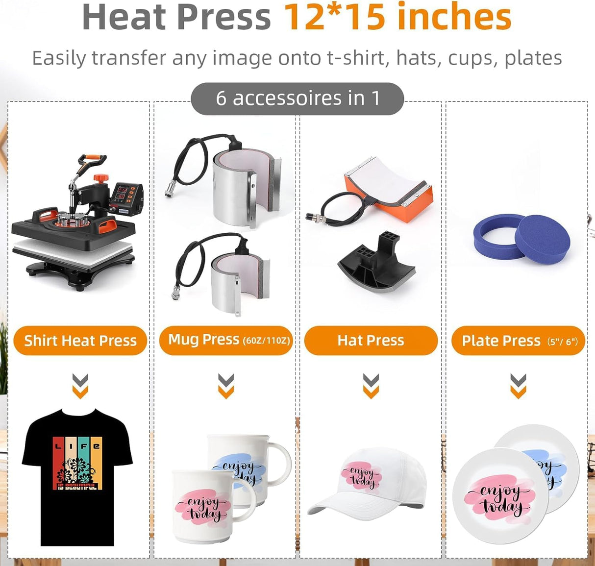 PioneerWorks Heat Press Machine 6 in 1 Professional Sublimation Machine 12" X 15", 360° Swing Away Heat Transfer Machine Digital Shirt Pressing Machine for Tshirt,Hat,Mug,Plate, Orange PioneerWorks
