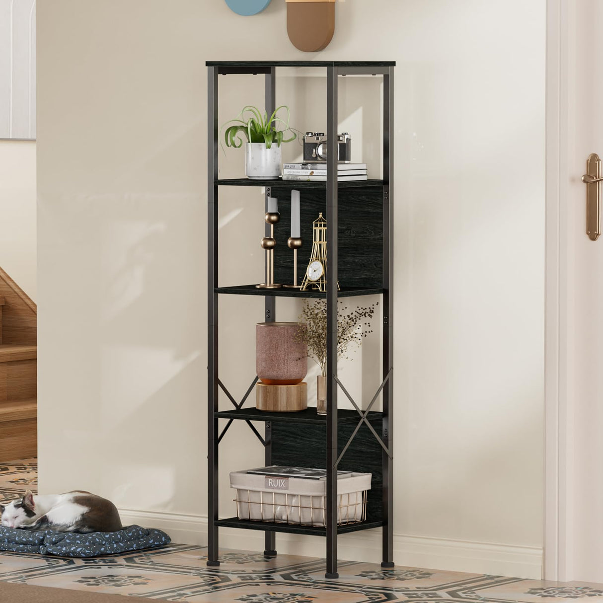 Furologee 5 Tier Tall Bookshelf with Back, Industrial Narrow Bookcase, Display Standing Shelf Units, Metal and Wood Storage Corner Shelves Organizer for Bedroom, Living Room, Entryway, Kitchen, Black Furologee