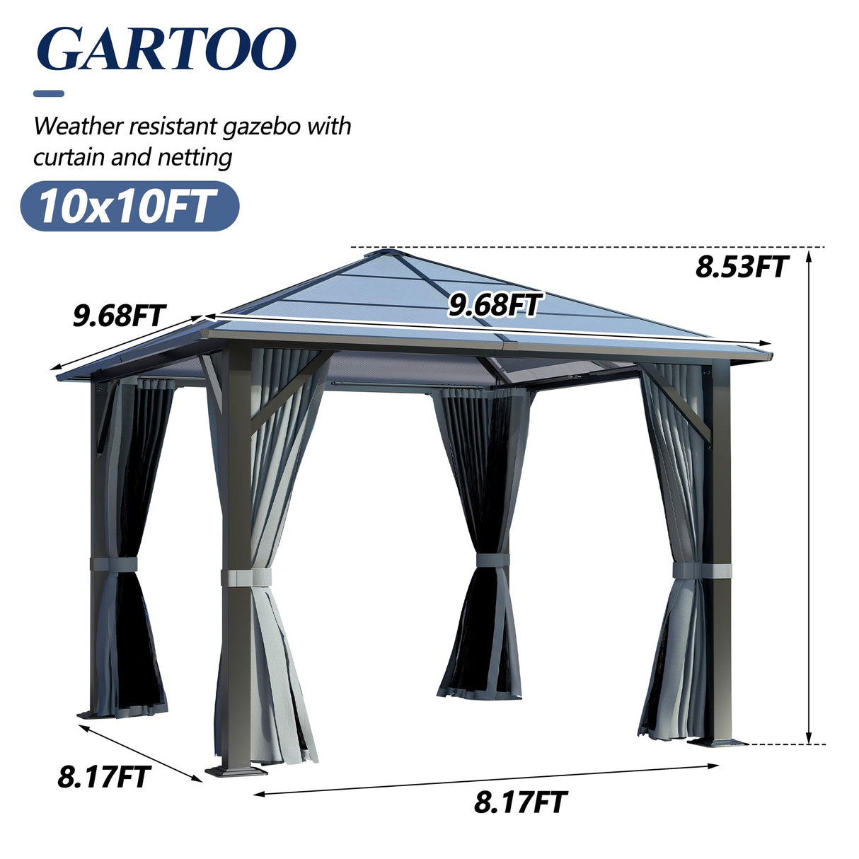 GARTOO 10’x10’ Patio Hardtop Gazebo with Polycarbonate Roof, Waterproof Outdoor Canopy Gazebo, Steel Frame Permanent Pavilion with Curtains and Netting, Perfect for Backyard, Patio, Lawn, Garden GARTOO