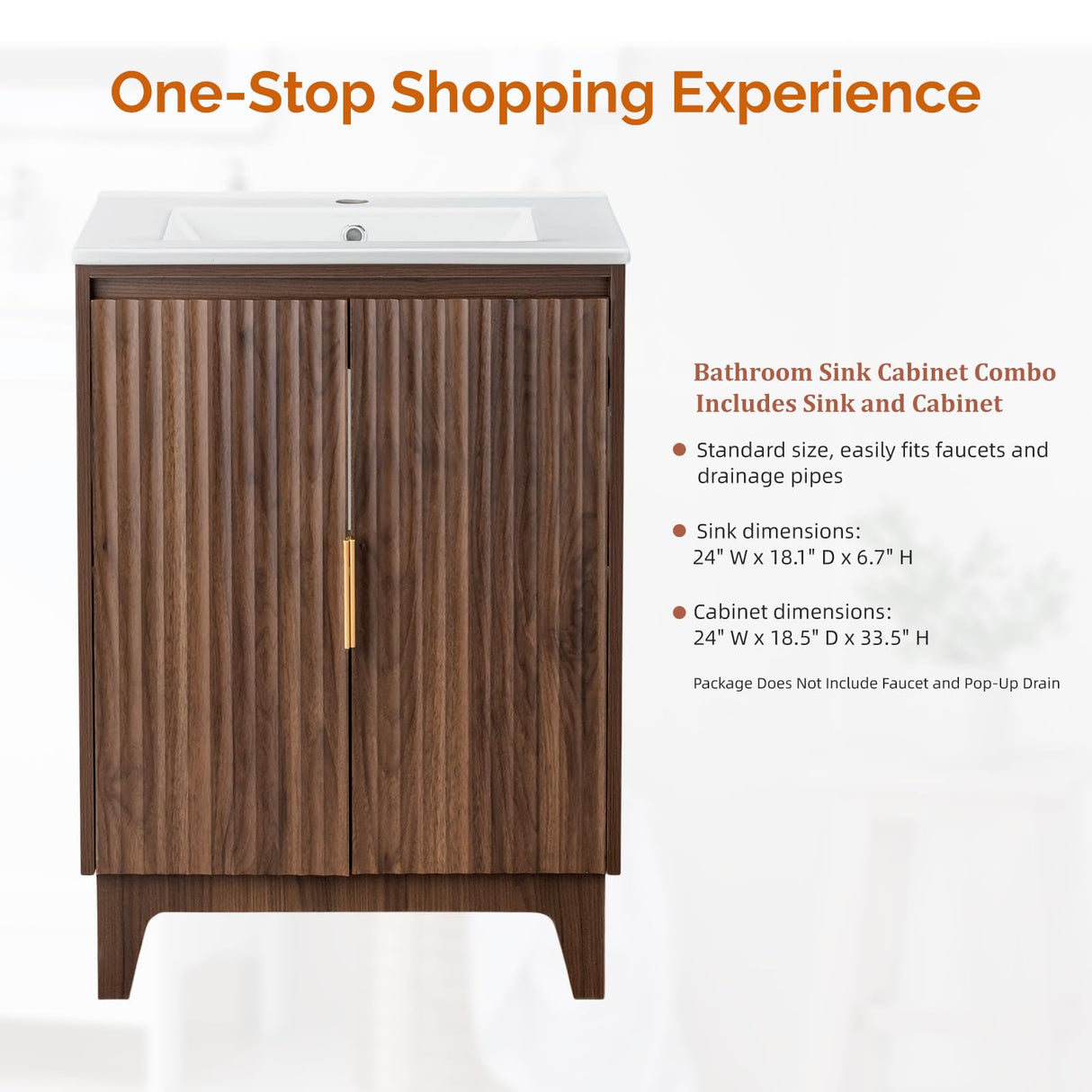 VINGLI Fluted Bathroom Vanity with Ceramic Sink, Bathroom Vanity Cabinet with 2 Doors, 24 Inch Restroom Sink Cabinet Combo, Mid-Century Modern Floor Storage Cupboard w/U Shape Shelf Walnut VINGLI