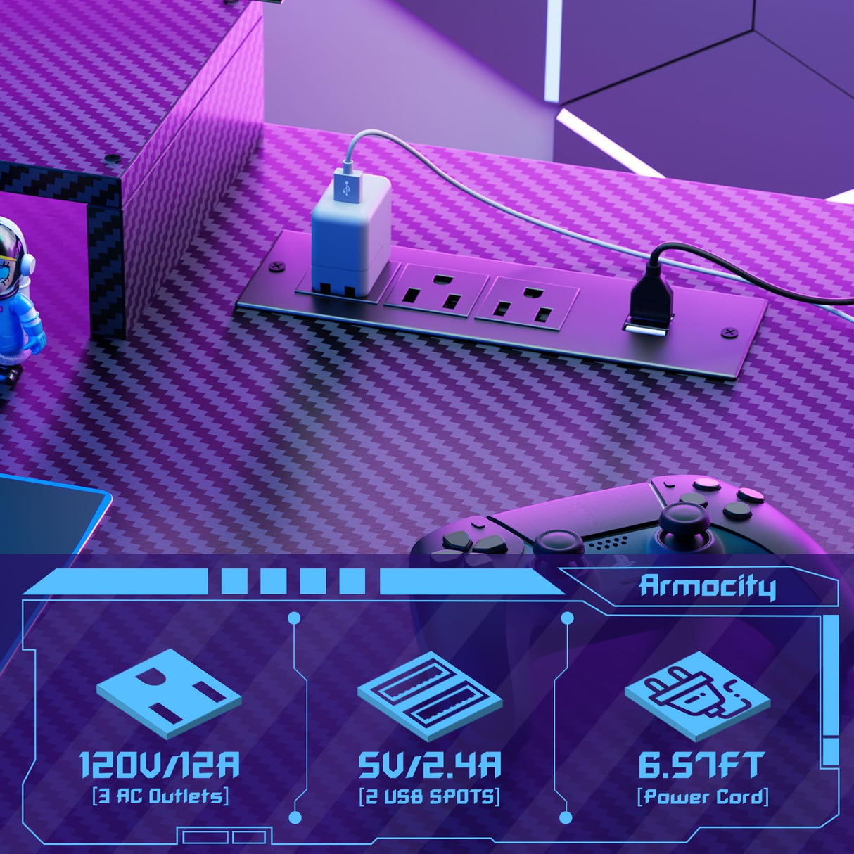 Gaming Computer Desk with Power Outlets, Gaming Desk with Hutch and LED Lights, Reversible PC Gaming Desk with Pegboard, Carbon Fiber Black, 47" armocity