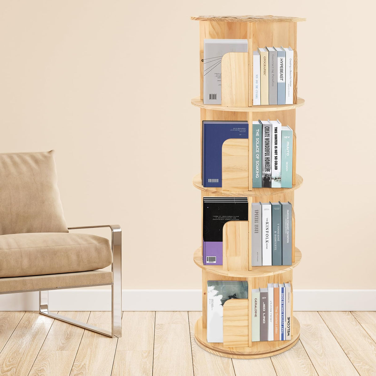 ZAWAYINE 4-Tier 360° Rotating Wooden Bookshelf with Stackable Shelves for Living Room and Office Storage ZAWAYINE