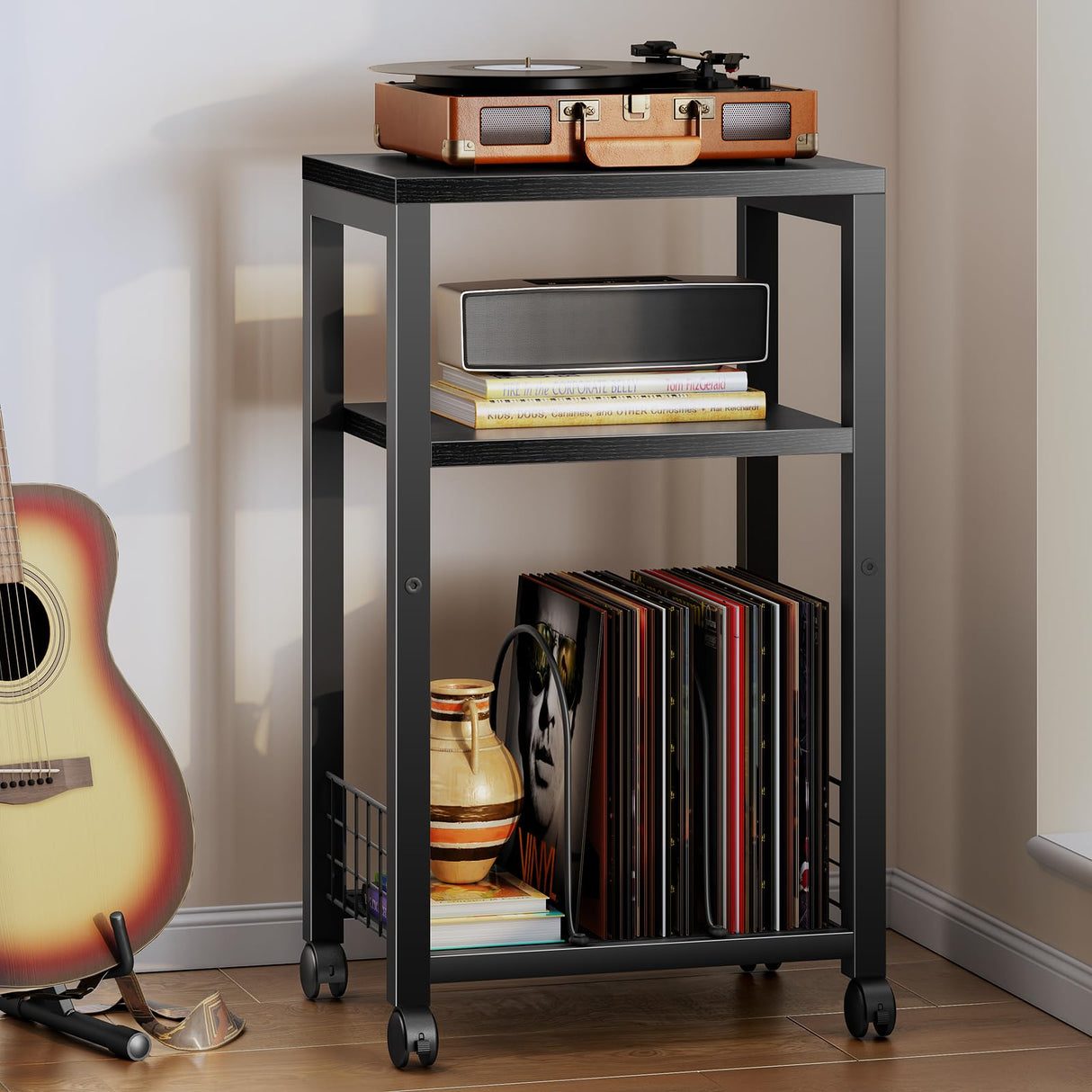 Kalrin Small Side Table, 3 Tier Moveable Small End Table, Record Player Stand with Records Shelf, Tall Nightstand for Bedroom, Living Room, Sofa, Office, Bathroom (Pure Black) Kalrin