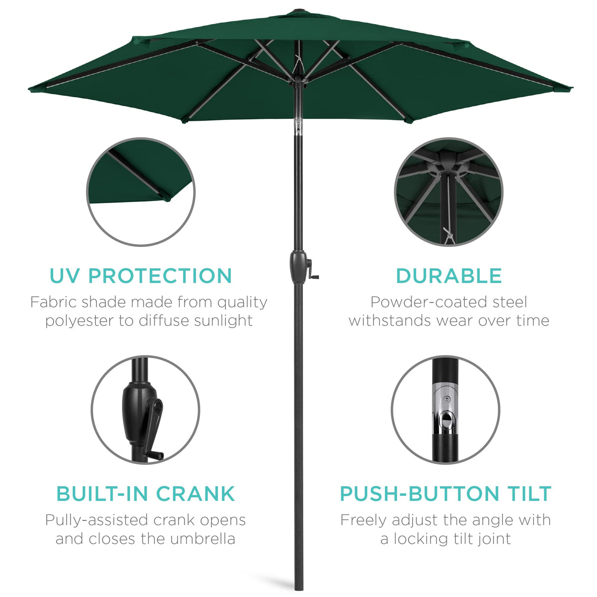 Best Choice Products 7.5ft Heavy-Duty Round Outdoor Market Table Patio Umbrella w/Steel Pole, Push Button Tilt, Easy Crank Lift - Green Best Choice Products