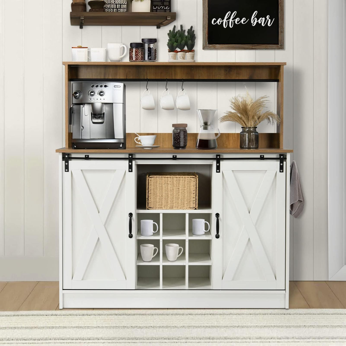 4ever2buy Farmhouse Coffee Bar Cabinet with Hutch, 47'' Kitchen Buffet Cabinet with 9 Wine Racks and 6 Hooks, Coffee Bar with Sliding Barn Door, White 4ever2buy