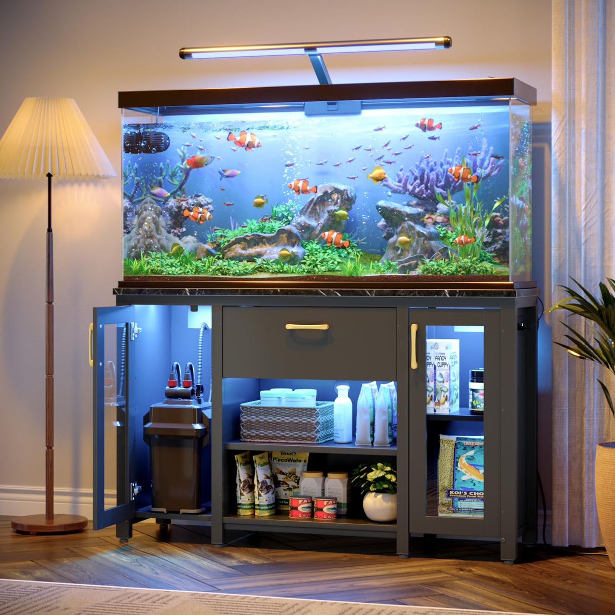 Bestier 55 Gallon Fish Tank Stand with Power Outlet & LED Light, 49.2"x13.8" Heavy-Duty Aquarium Stand with Storage, Dual Glass Cabinet, 8 Thicken Metal Legs, Suit for Reptile/Turtle Terrarium(Black) Bestier