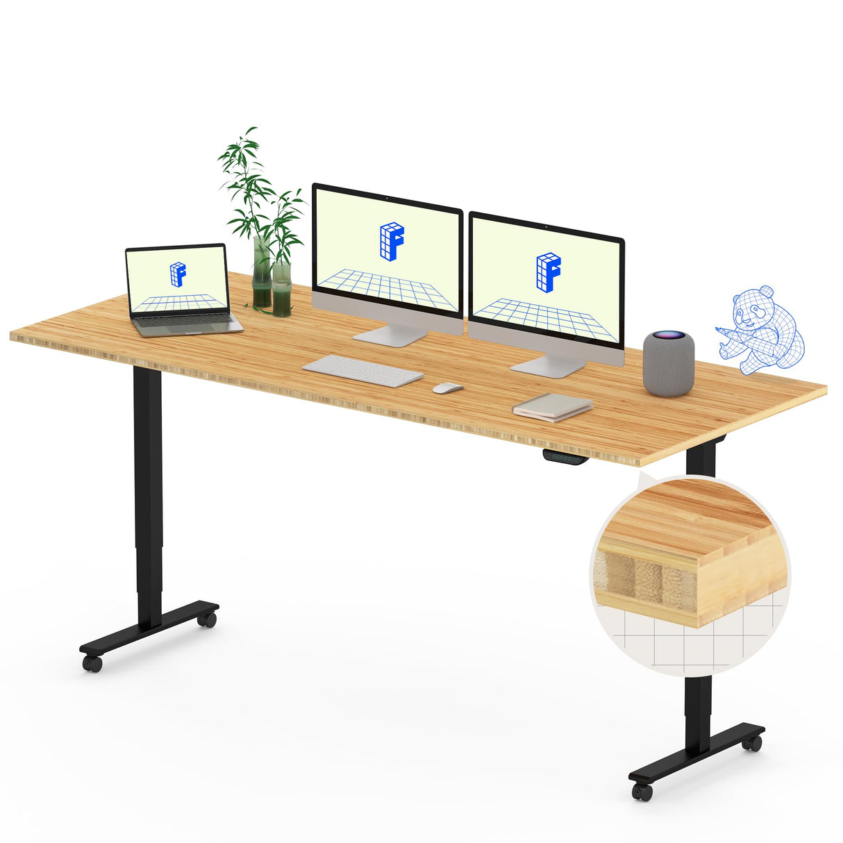 FLEXISPOT E6 Bamboo Dual Motor 3 Stages Standing Desk 72x30 Inch Whole-Piece Board Electric Height Adjustable Desk Stand Up Desk Large Load Capacity(Black Frame + Bamboo Desktop) FLEXISPOT