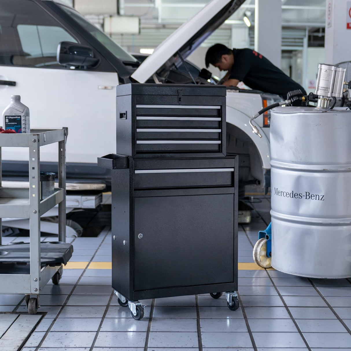 WAYTRIM 5-Drawer Rolling Tool Chest, Removable Tool Cabinet Box with Wheels and Drawers, Tool Cabinet Storage Box, Adjustable Shelf, Portable with Wheels and Lock for Warehouse, Repair Shop (Black) WAYTRIM