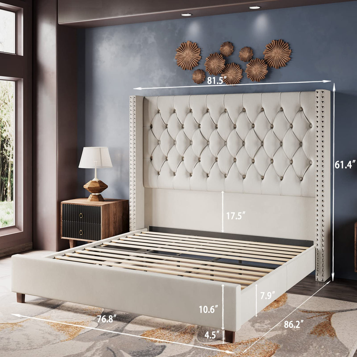 Jocisland Velvet Upholstered Bed Frame King Size 61.4" Tall Headboard King Bed Frame/Deep Button Tufted/No Box Spring Needed/Cream Jocisland