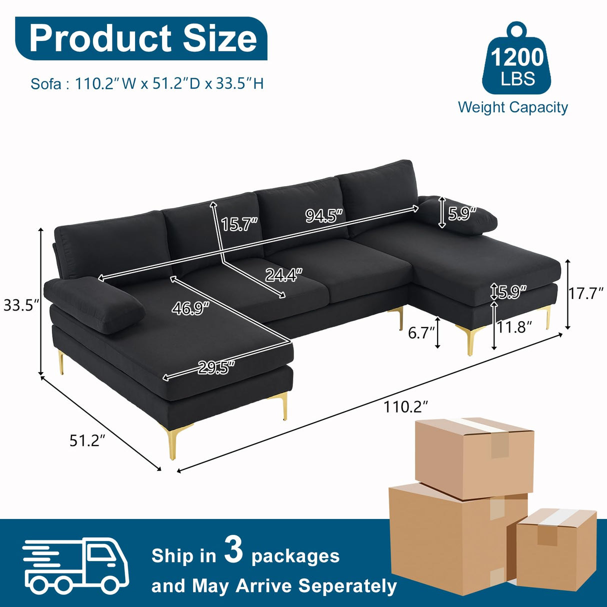 VINGLI 110" Modern U Shaped Sectional Couch with 51"D Double Chaise for Living Room, Black Deep Seat Sectional Sofa Sets with 5.9" Thickness Seating Padding for Home Furniture,Linen Fabric,Metal Legs VINGLI