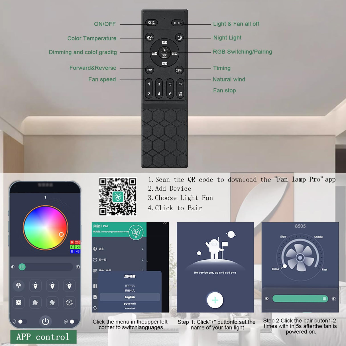 JSAITEE Ceiling fan with light, 48" RGB Low Profile Ceiling fans with Lights and Remote Control, Dimmable, DC Reversible Motor, Noiseless, 6 Speeds Flush Mount White Ceiling Fan for Bedroom JSAITEE