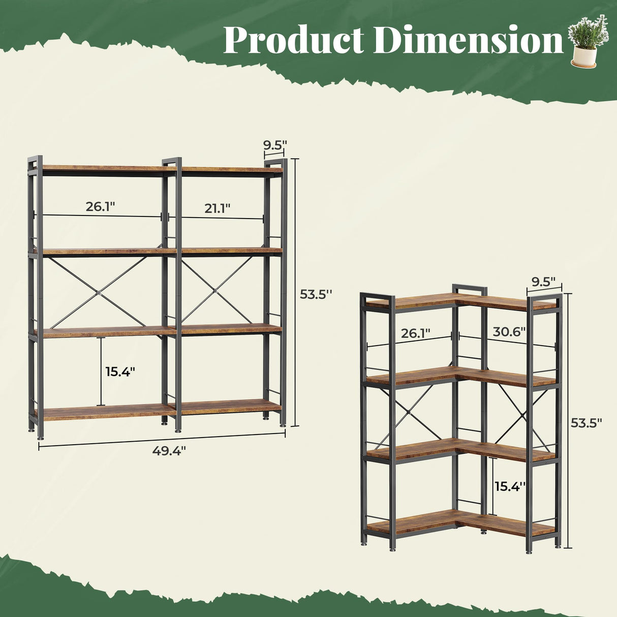 Huuger 4 Tier Bookshelf, L Shaped Corner Bookshelf with 8 Open Shelves, 49.4 Inch Straight Wide Bookcase with Metal Frame and Wooden Board, Adjustable Feet, Rustic Brown