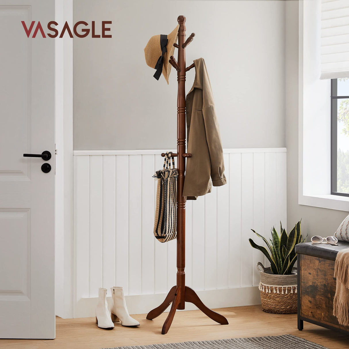 VASAGLE Solid Wood Coat Rack and Stand, Free Standing Hall Coat Tree with 10 Hooks for Hats, Bags, Purses, for Entryway, Hallway, Rubberwood, Dark VASAGLE
