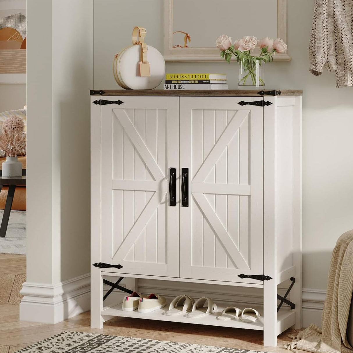 Maupvit Shoe Cabinet with Doors, 6-Tier Farmhouse Shoe Storage Cabinet with Adjustable Shelves, Shoe Shelf, Wooden Shoe Rack Organizer Cabinet for Entryway, Foyer, Hallway, Living Room, White Maupvit