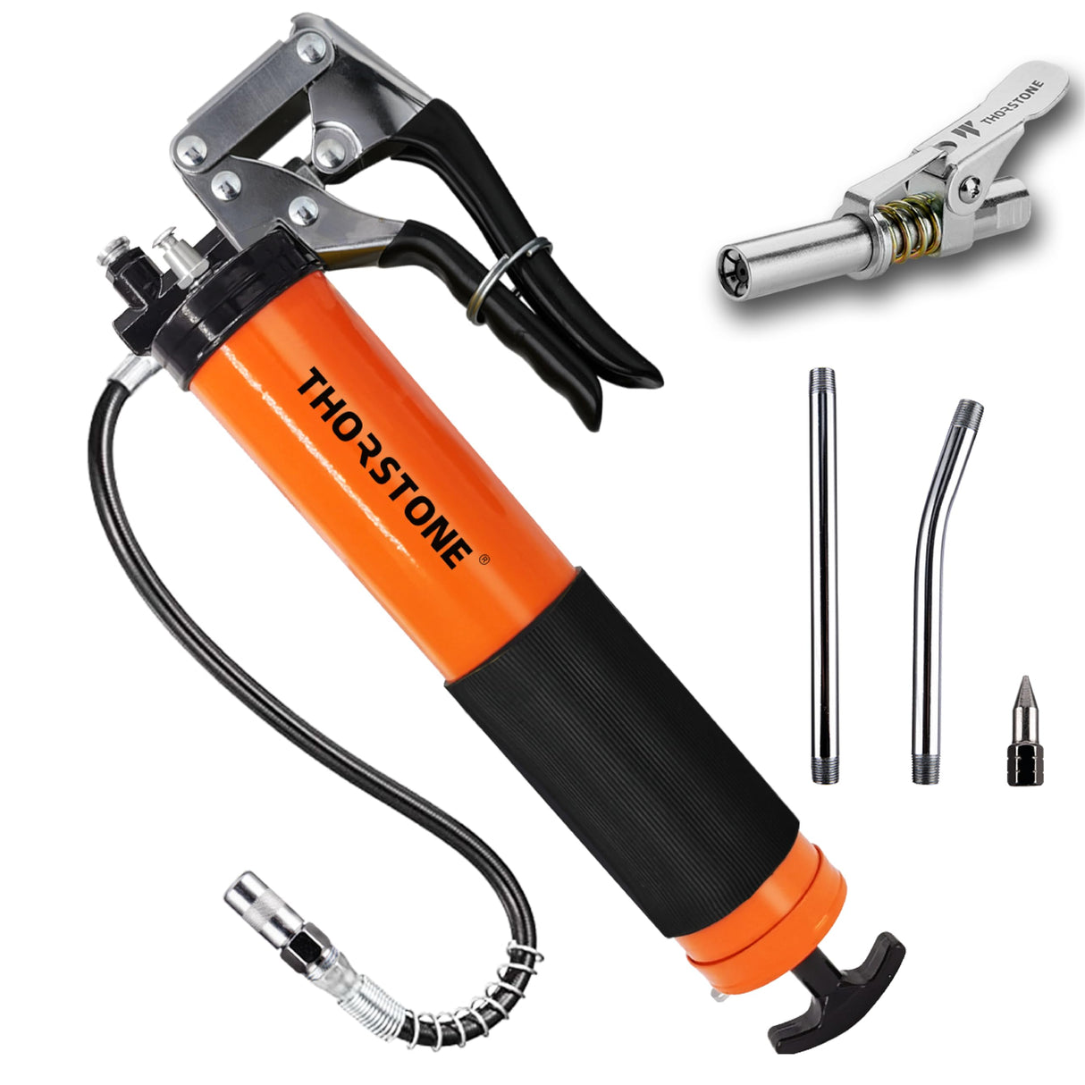 Thorstone Grease Gun Kit, 7000PSI Heavy Duty Pistol Grip Grease Guns Set| 14oz Load Capacity |18" Spring Flex Hose|1 Lock Coupler|1 Reinforced Coupler|1 Sharp Type Nozzle| 2 Extension Rigid Pipe Thorstone