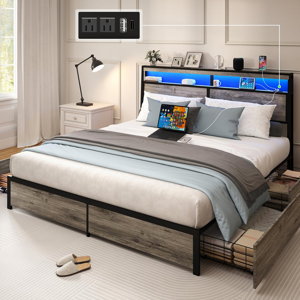 SADENICEL King Size Bed Frame with Storage Headboard, Metal Platform King Bed Frame Wood with 4 Drawers, LED Light, Charging Station, No Box Spring Needed, Noise Free, Easy Assembly, Grey SADENICEL