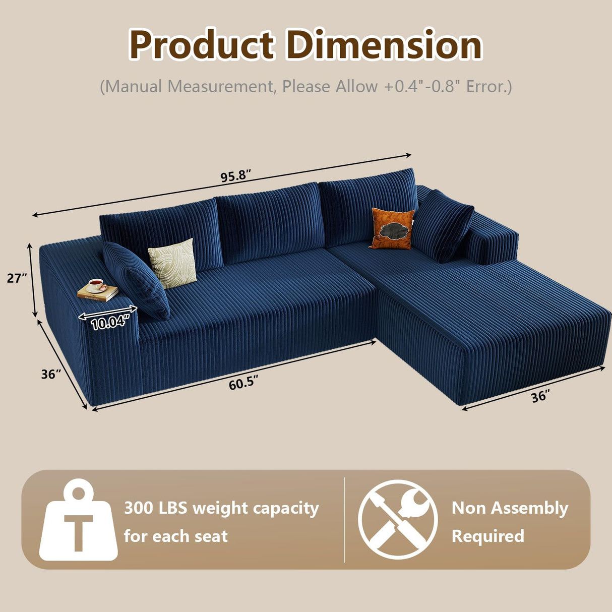 96" Modular Sectional Couch, Boneless L Shaped Cloud Sofa with Chaise Lounge, Corduroy Upholstered Couches Memory Foam Deep Seat, No Assembly Required, Ideal for Living Room(Blue, Right Facing) Lakifun