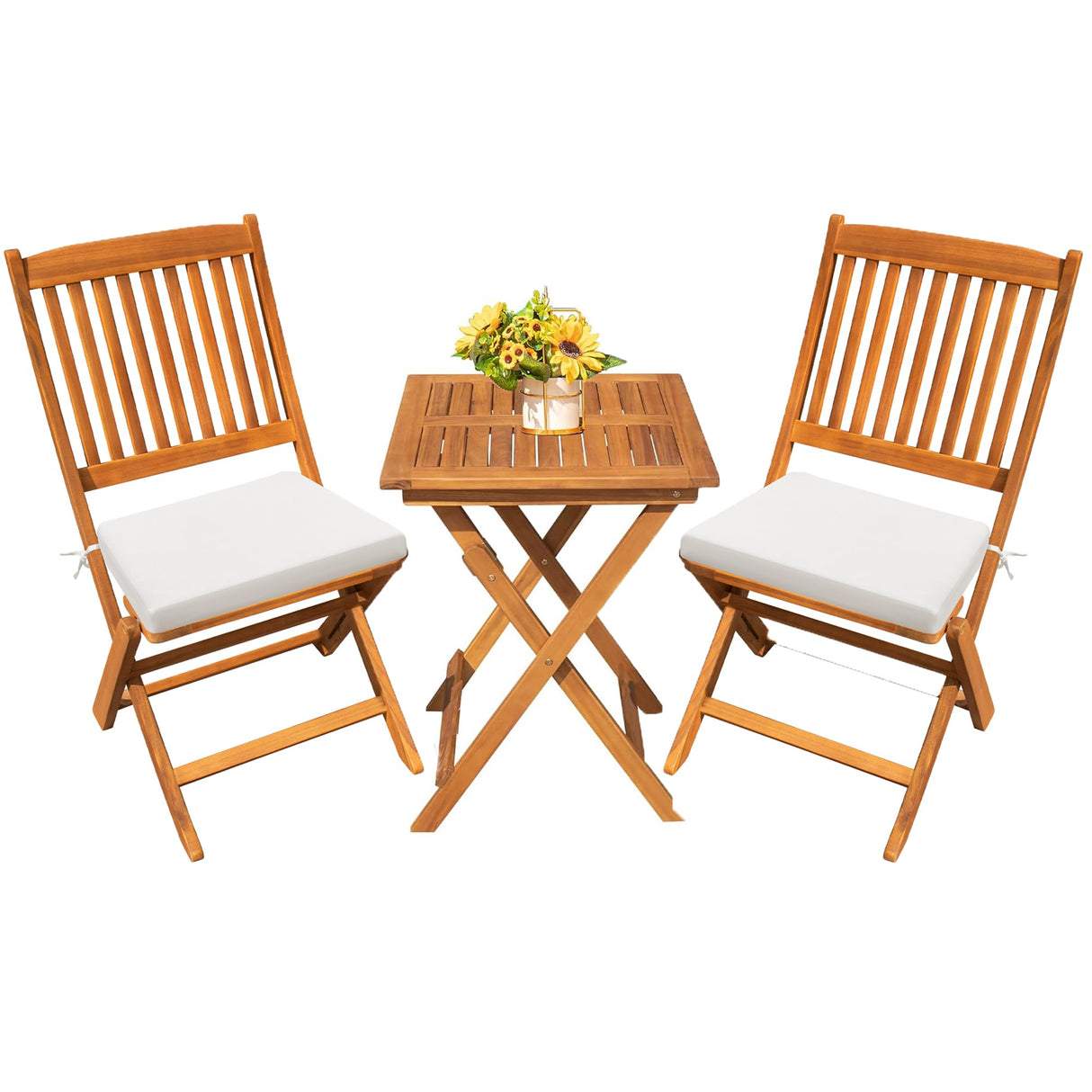 Devoko Outdoor 3 Piece Folding Patio Bistro Set Acacia Wood Bistro Table and Chairs Set of 2 for Garden Poolside Backyard Balcony Porch Deck Devoko