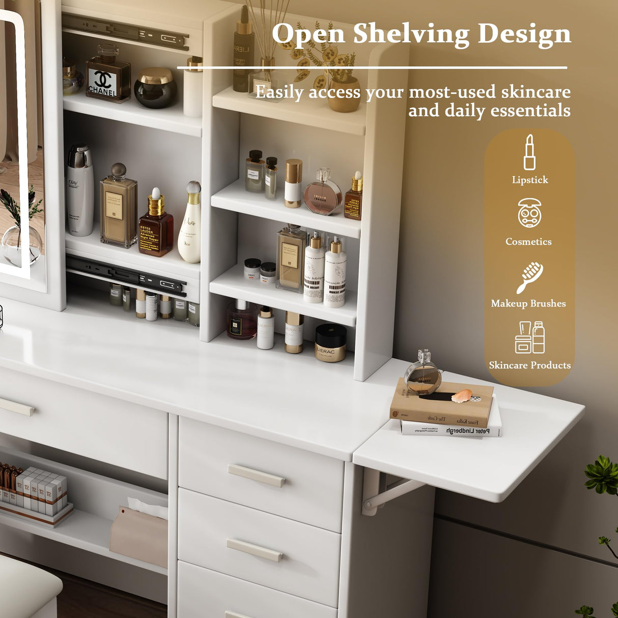 Runboll Stylish Vanity Desk with Mirror and Lights, White Dressing Table Set with Chair, 5 Drawers & Open Shelves, Adjustable 3-Color LED Lighting, Perfect for Bedroom Makeup Runboll