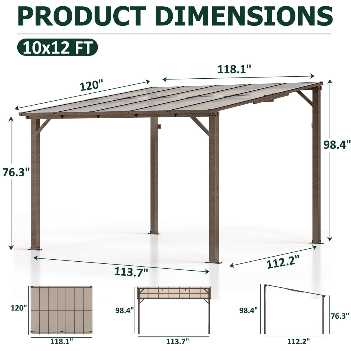 WKM 10X12 FT Gazebo,Gazebos on Clearance, Wall Mounted Gazebo, Pergolas and Gazebos Clearance, Lean to Gazebo Hard Top, Decks, Porch and Backyard WKM
