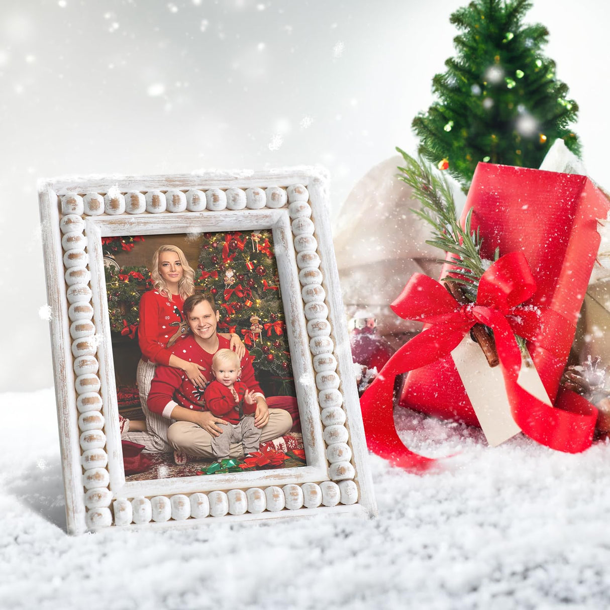 MACVAD Whitewashed Wood Beaded 5x7 Picture Frame - Farmhouse Style Rustic Photo Frame, Boho Picture Frame as 5 x 7 Photo Frame for Tabletop Display 5x7 Photo MACVAD