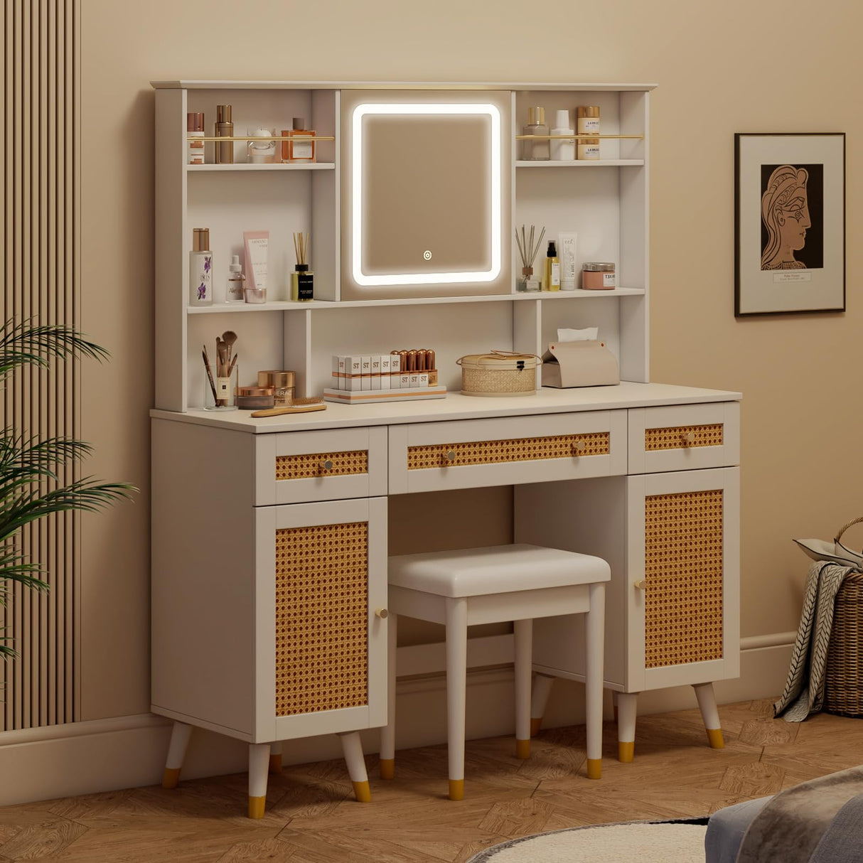 LUXOAK 47" Makeup Vanity Desk with LED Light Mirror & Rattan Design, Vanity Table with Adjustable Large Storage Cabinet for Bedroom Bathroom, Stool Included, White LUXOAK