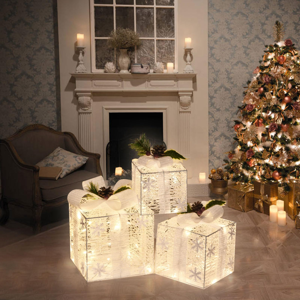 Bstge Christmas Lighted Gift Boxes, Set of 3 Christmas Decorations for Home, Light up Christmas Ornaments, Warm White LED with Bows for Indoor Party Holiday, Christmas Decor(Snow) Bstge