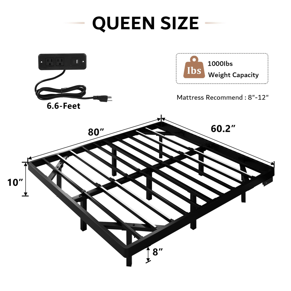 iPormis Queen Size Floating Bed Frame with LED Lighting and Charging Station, Noise-Free Metal Platform Design iPormis