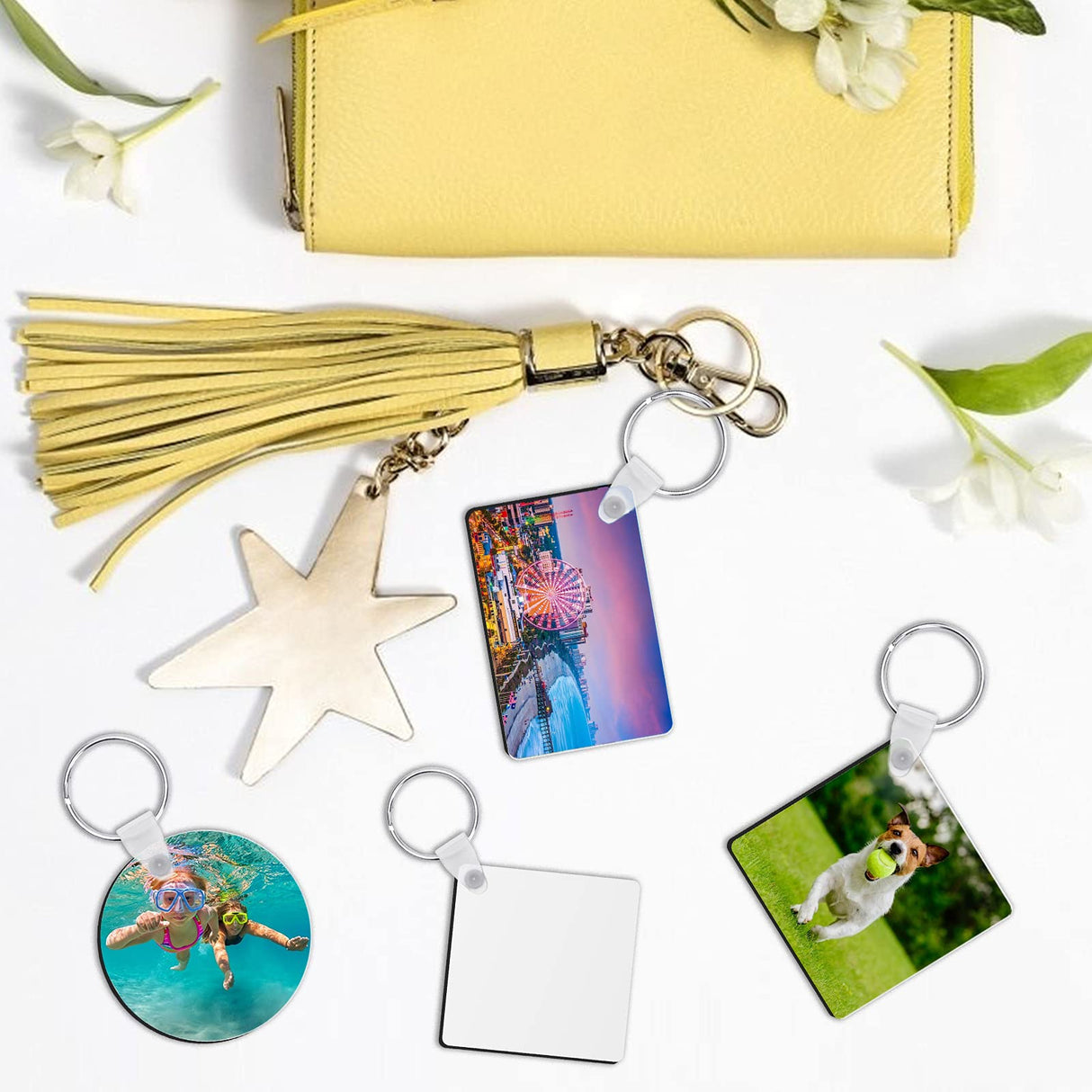 Coolrunner Sublimation Blank Keychain 30PCS Heat Transfer Keychain Double-Side Printed DIY MDF Blank Keychain (Square, Round, Rectangle) Coolrunner