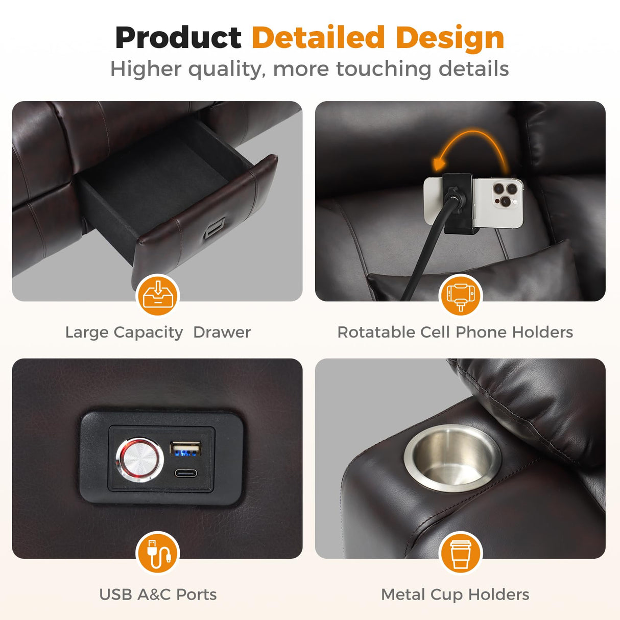 SENYUN 3-Seater Recliner Sofa, Flip Middle Backrest Manual Reclining Couch with Storage Drawer, Phone Holder and USB A&C Ports, Loveseat Recliner for Home Theater,Living Room,RV(Leather,Brown) SENYUN