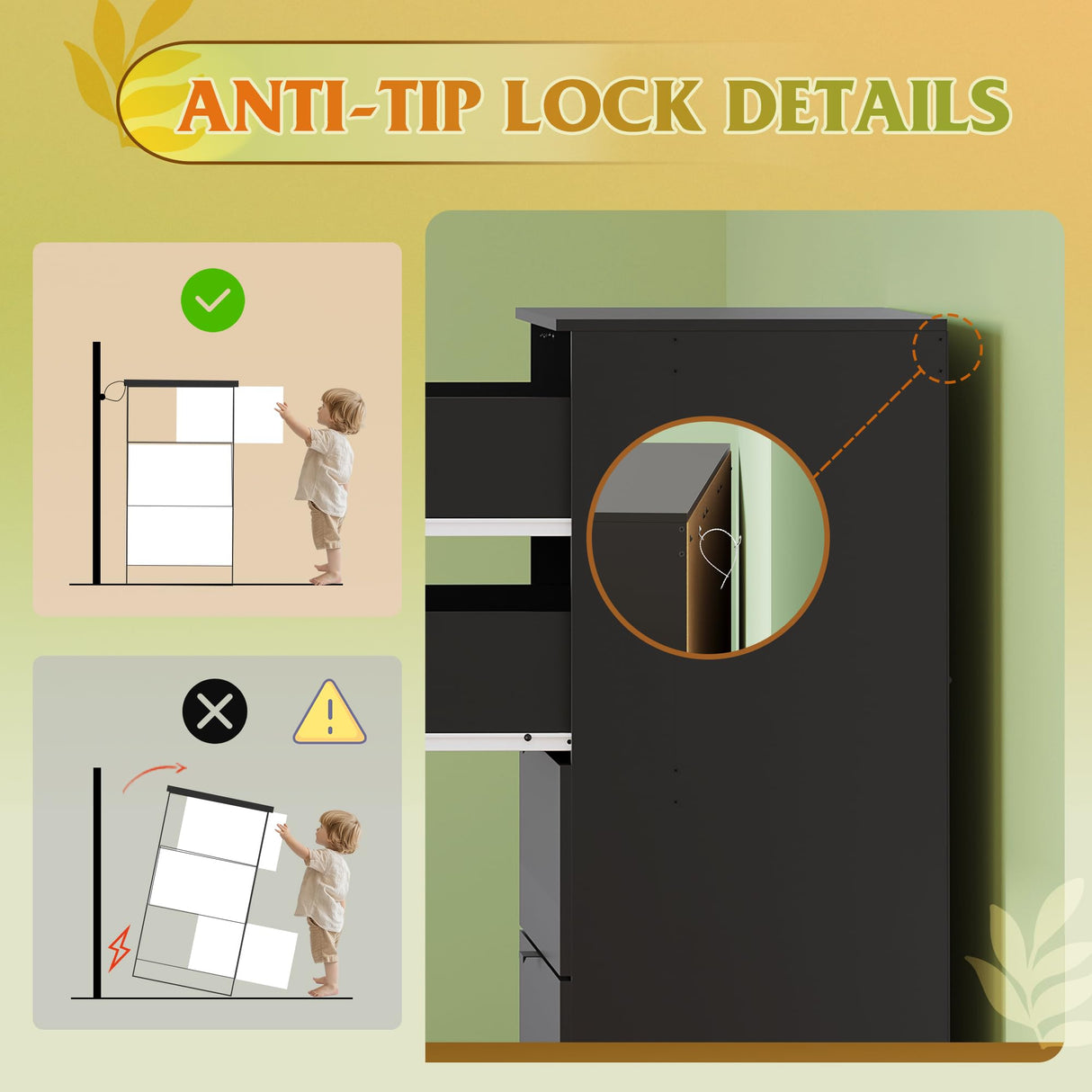 WLIVE 5 Drawer Dresser for Bedroom, Tall Wood Dresser, Black Dressers Storage Organizer with Sturdy Metal Handle, Chest of Drawers for Living Room, Hallway, Closet WLIVE