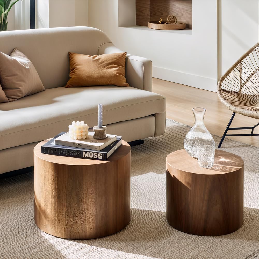 Nesting Coffee Table Set of 2, Modern Round Coffee Table with Non-Slip Feet, Walnut Wooden Circle Accent Tables for Small Spaces Living Room Bedroom Balcony Office Drum Side Table (Walnut) ivoros