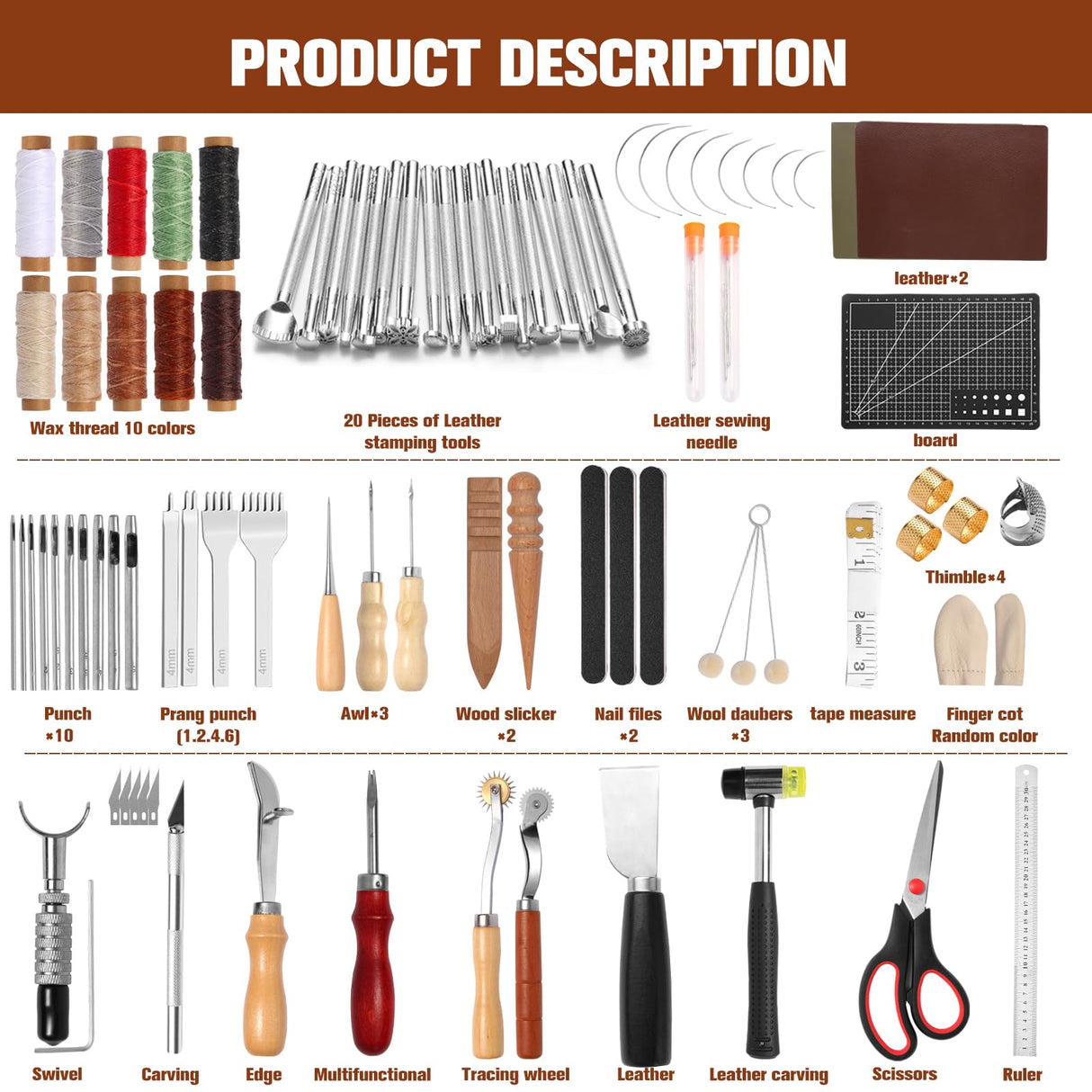 Leather Working Tools,Professional Leather Working Kit for Carving, Punching, Stamping, Cutting with Custom Storage Bag, Essential for DIY Crafts & Repairs. (168pcs) Tisofwes