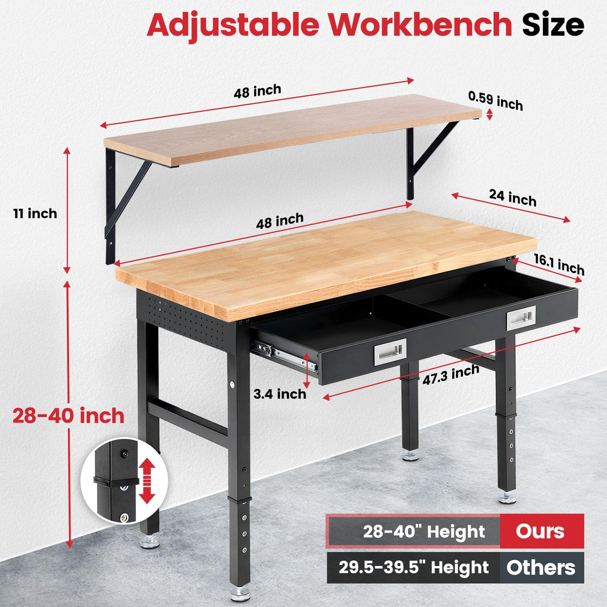 ENJOYWOOD Workbench with Shelf Bracket 48 x 24 Inch Heavy Duty Rubberwood Tabletop Work Table Adjustable Height Work Bench with Drawer, Power Outlets for Garage Woodworking Shop, Home, Office ENJOYWOOD