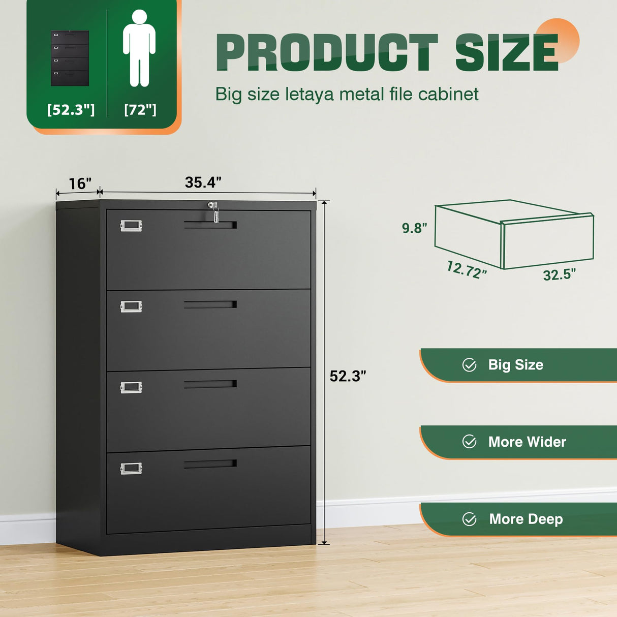 Letaya File Cabinets,4 Drawer Metal Lateral Filing Organization Storage Cabinets with Lock,Home Office for Hanging Files Letter/Legal/F4/A4 Size (Require Assembly) Letaya