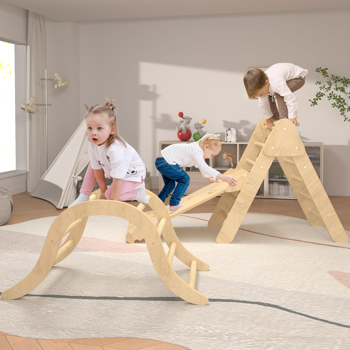 UROSULO Indoor Toddler Climbing Toys, Multifunction Pikler Triangle and Arch with Ramp, Climbing Triangle Arch Playground Set, Montessori Triangle Climbing Toys for Toddlers, Montessori Climbing Toys UROSULO