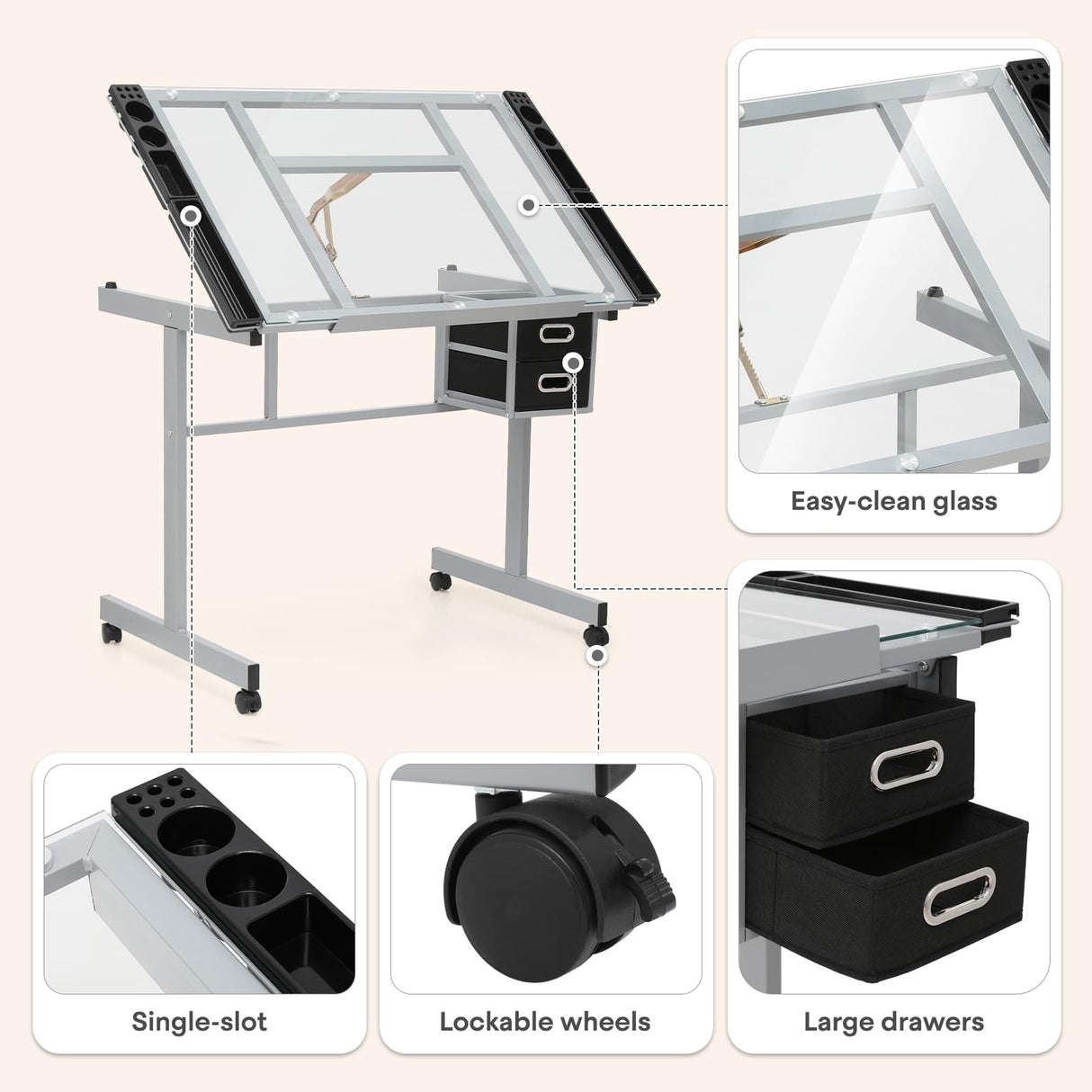 Athena Collection 41" Drafting Table Adjustable Angle Drawing Table Tempered Glass Art Desk Metal Frame Craft Desk Artist Desk with Fabric Drawers, Rolling Casters and Trays, Light Grey Athena Collection