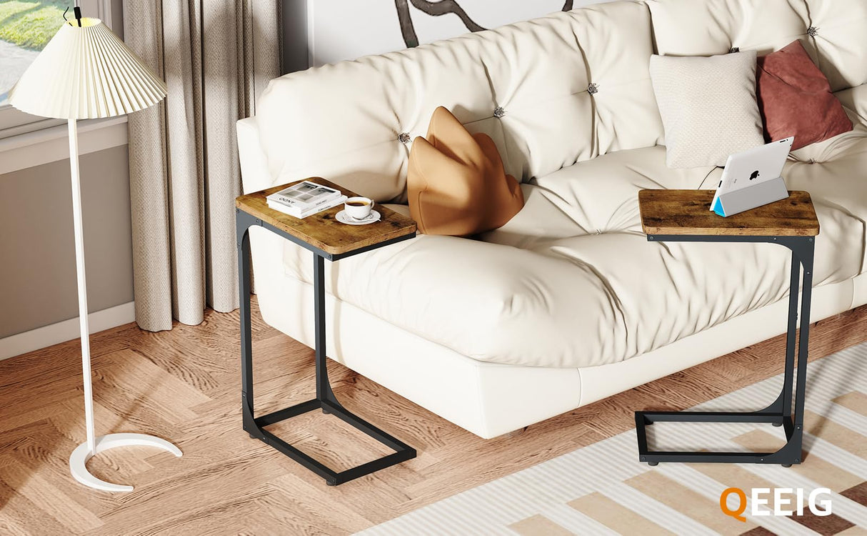 QEEIG Narrow C Shaped Side Table Set of 2 Living Room Sets Slim Couch Tray Tables Skinny Thin Small Farmhouse 9.5 inch Width, Rustic Brown (017-24BN) QEEIG