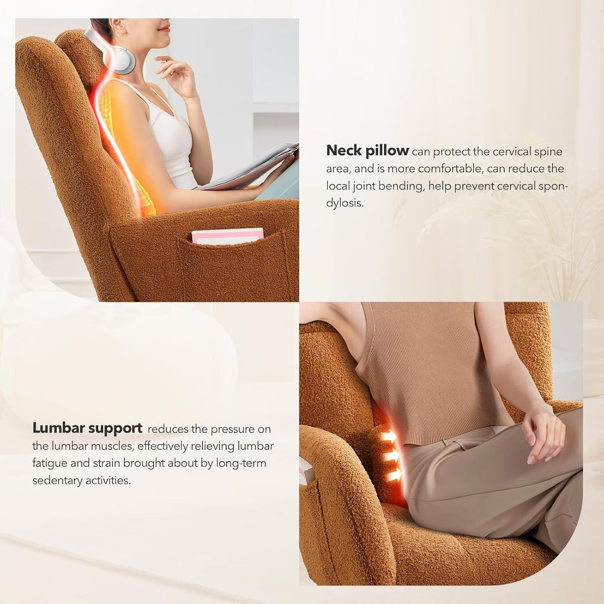 Tioutbot Rocking Chair Nursery Teddy with Pillow&High Backrest Armchair,Fabric Upholstered Accent Chair Nursing Chairs for Living Room, Bedroom,Brown Tioutbot