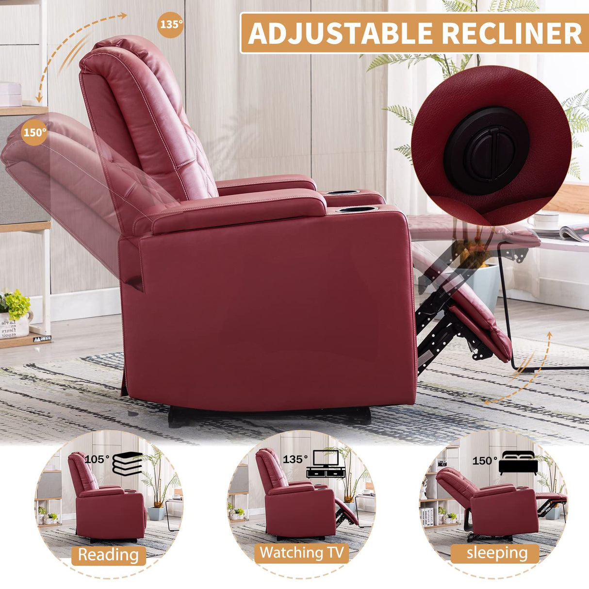 ANJ Electric Power Recliner Chair Soft Leather Reclining with USB Ports and Cup Holders, Red Home Theater Seating with Hidden Arm Storage Movie & Media Room Chairs ANJ