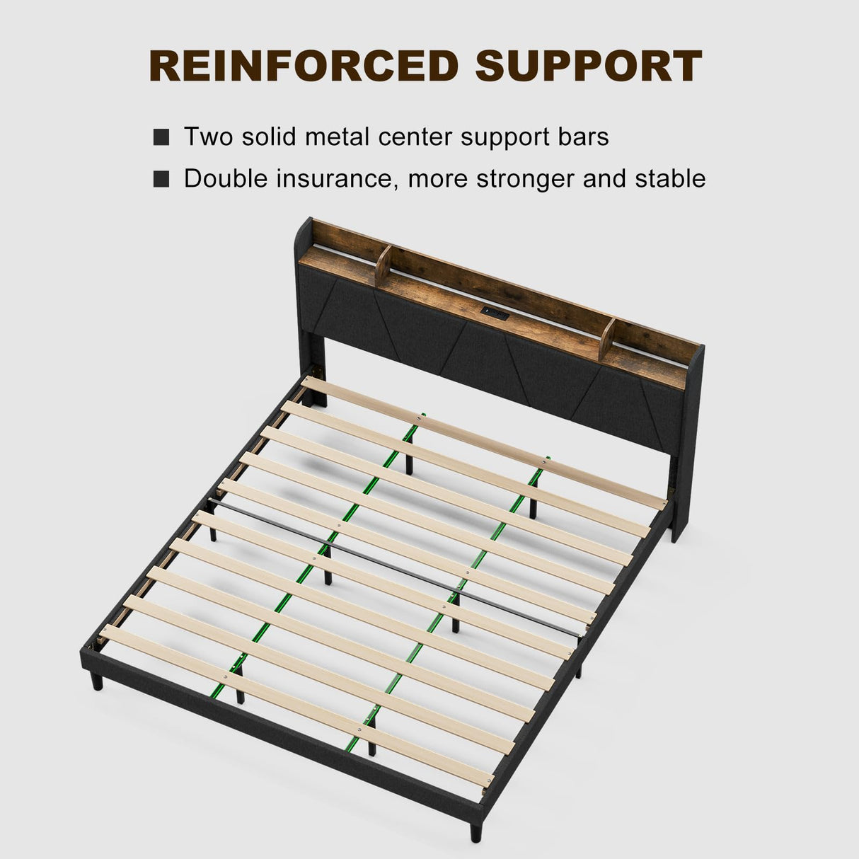 AOVSA Upholstered California King Bed Frame with Storage Headboard, Charging Station & LED Lights in Black AOVSA