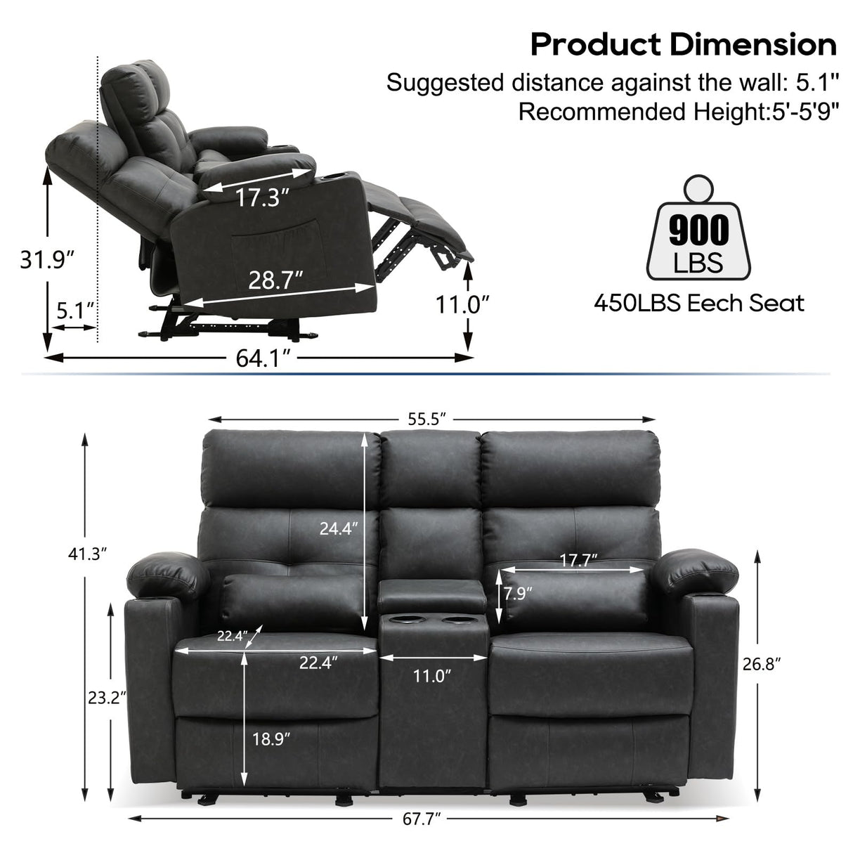 RIHEREFY 68'' RV Power Loveseat Sofa Recliner | Wall Hugger Loveseat | Double Reclining Sofa with Cup Holder | Recliner with Heat and Massage | Theater Seating(PU, Black-Gray) RIHEREFY