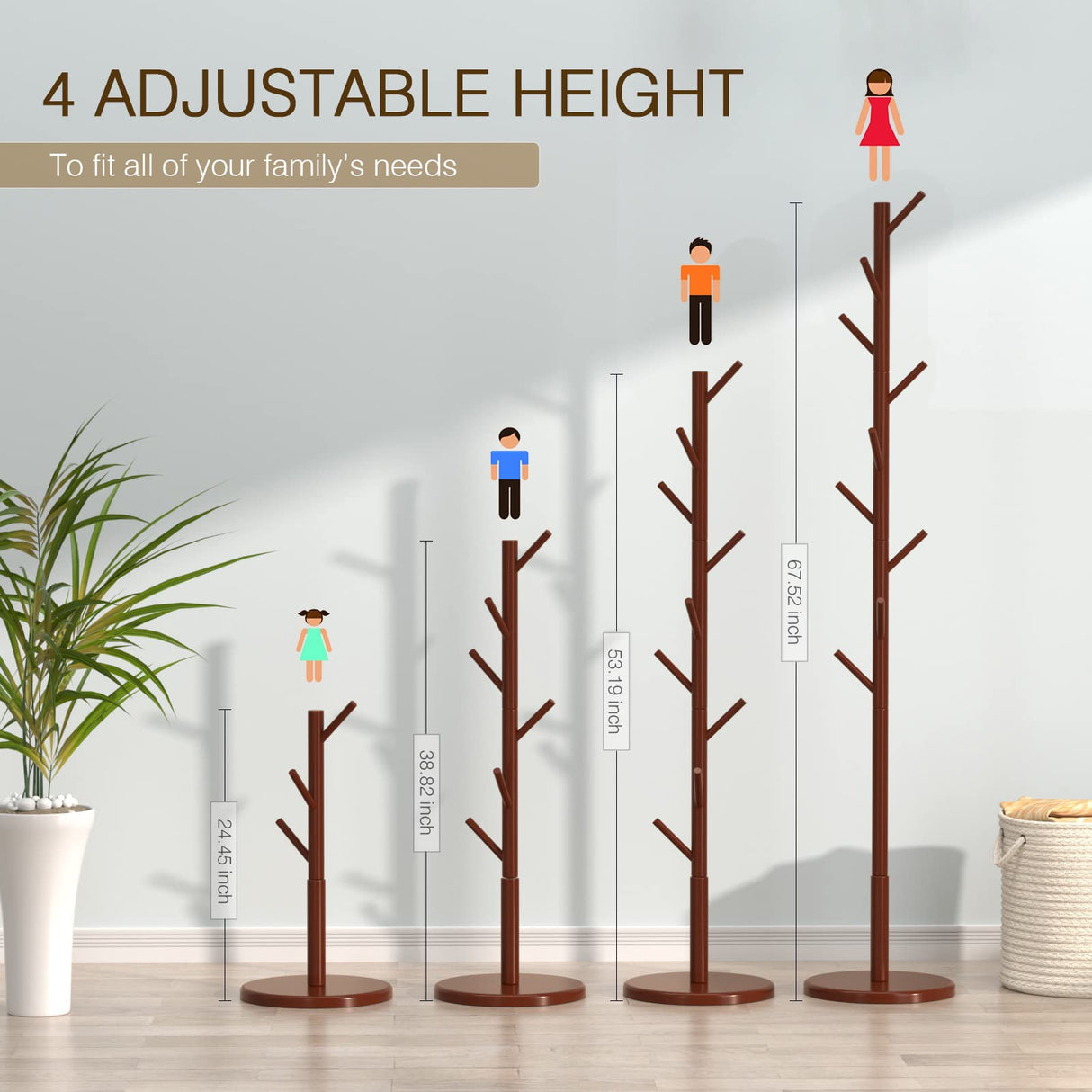 Wooden Coat Rack Freestanding Coat Tree with 4 Height Options and 9 Hooks, Sturdy Coat Rack Stand for Clothes/Bags/Hats, Easy Assemble Save Space for Entryway,Bedroom,Office,Narrow Place (Brown) Bamdibola