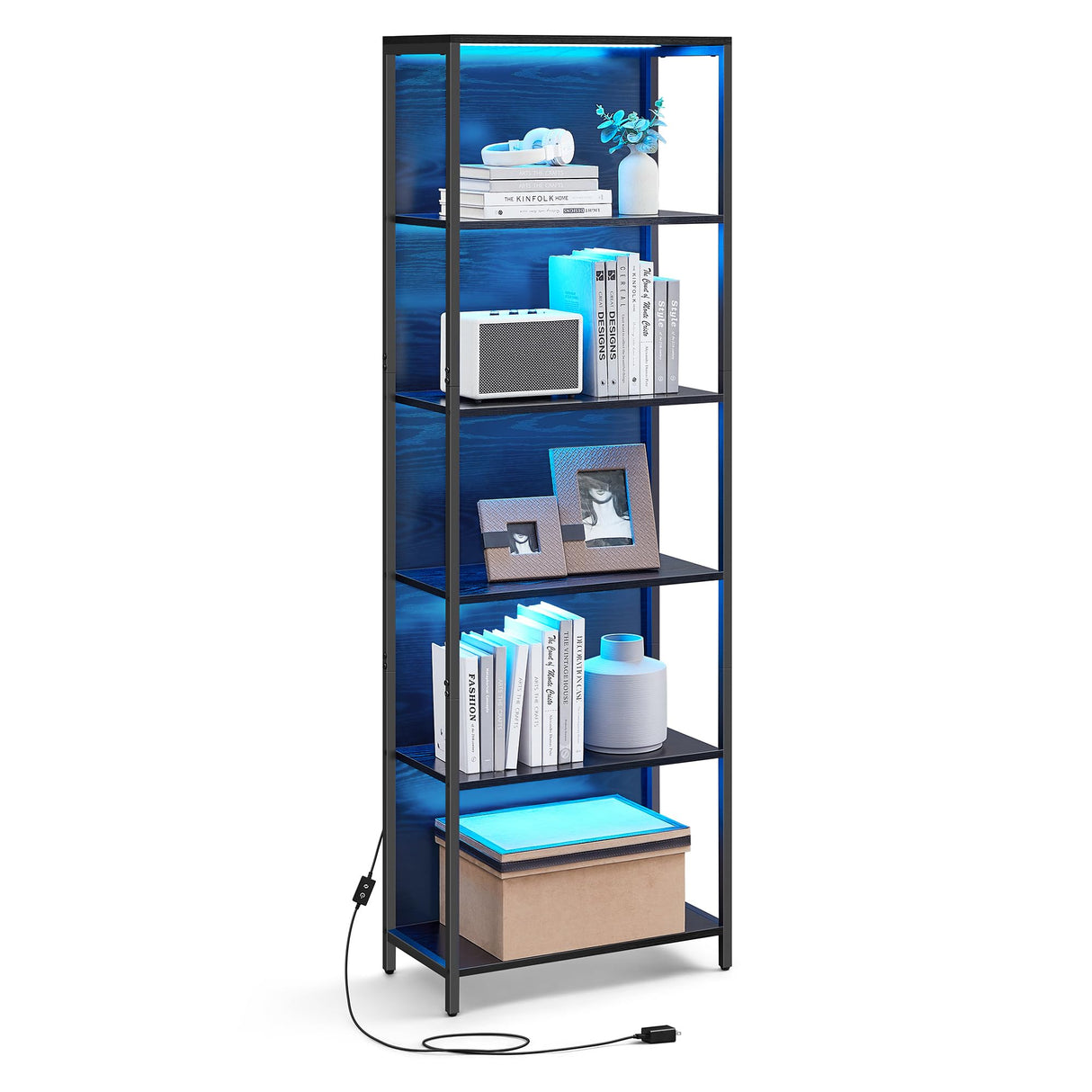 VASAGLE 6-Tier Dimmable LED Bookshelf with Steel Frame, Black Wood Grain Display Unit VASAGLE